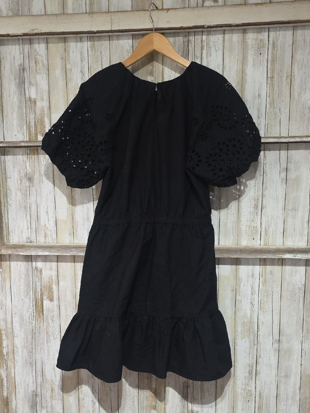 Zara Black Short Eylet Sleeves Smocked-Waist Mini Dress Size Large